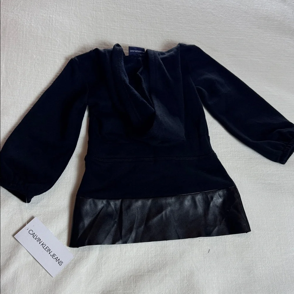 Calvin Klein Black Hooded Dress‎ with Leather-Look Hem